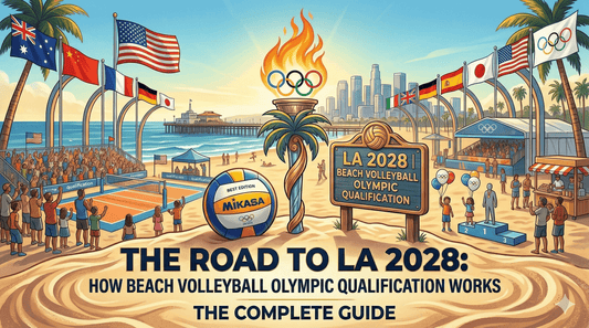 Illustration depicting the Road to LA 2028: Beach Volleyball Olympic qualification process with Olympic rings and beach scene.